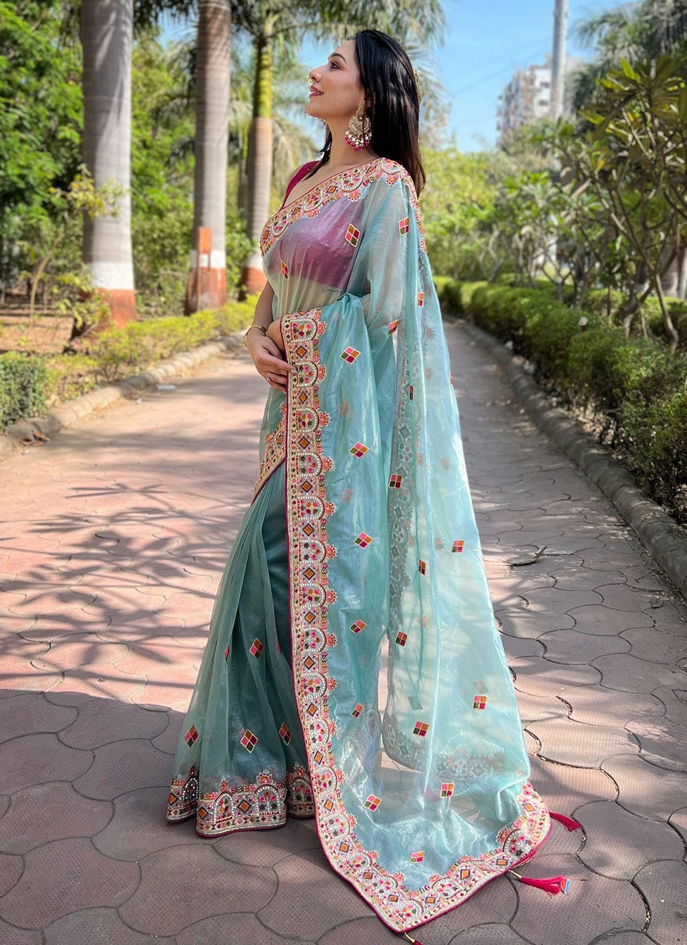 Contemporary Embroidered Silk, Tissue Peach Saree - S10672