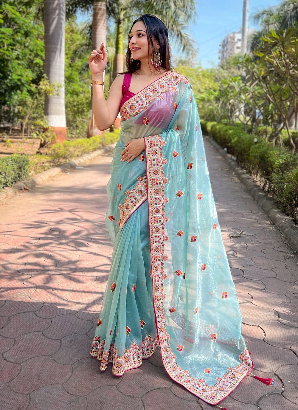 Contemporary Embroidered Silk, Tissue Peach Saree - S10672