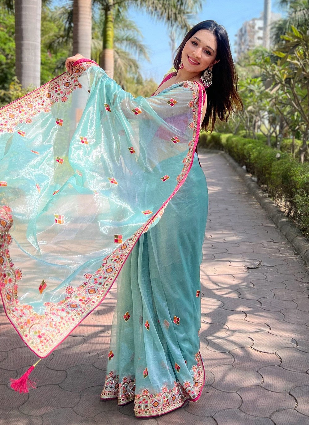 Contemporary Embroidered Silk, Tissue Peach Saree - S10672