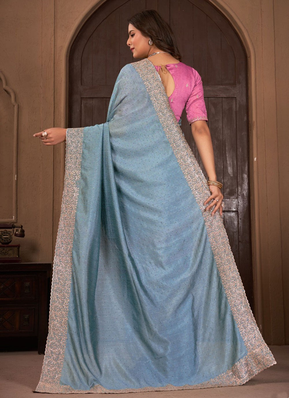 Classic Border Work Vichitra Silk Saree - S5681