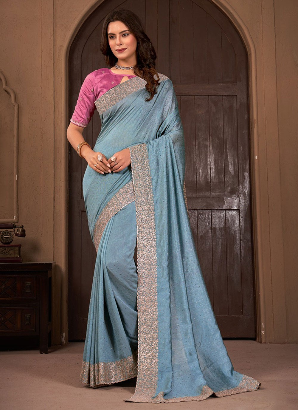 Classic Border Work Vichitra Silk Saree - S5681