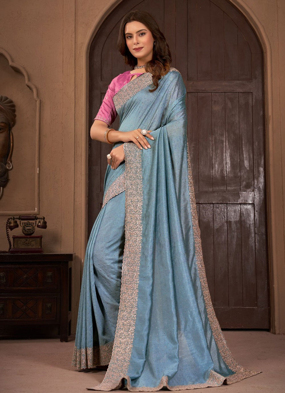 Classic Border Work Vichitra Silk Saree - S5681