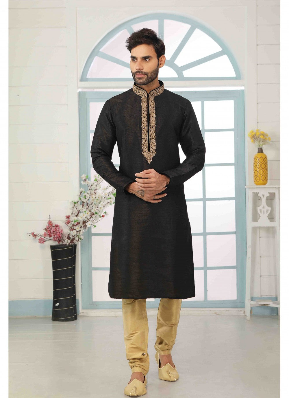 Embroidered Banarasi Silk Black Kurta Pyjama - M1809