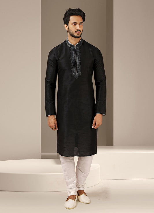 Embroidered Banarasi Silk Black Kurta Pyjama - M3248