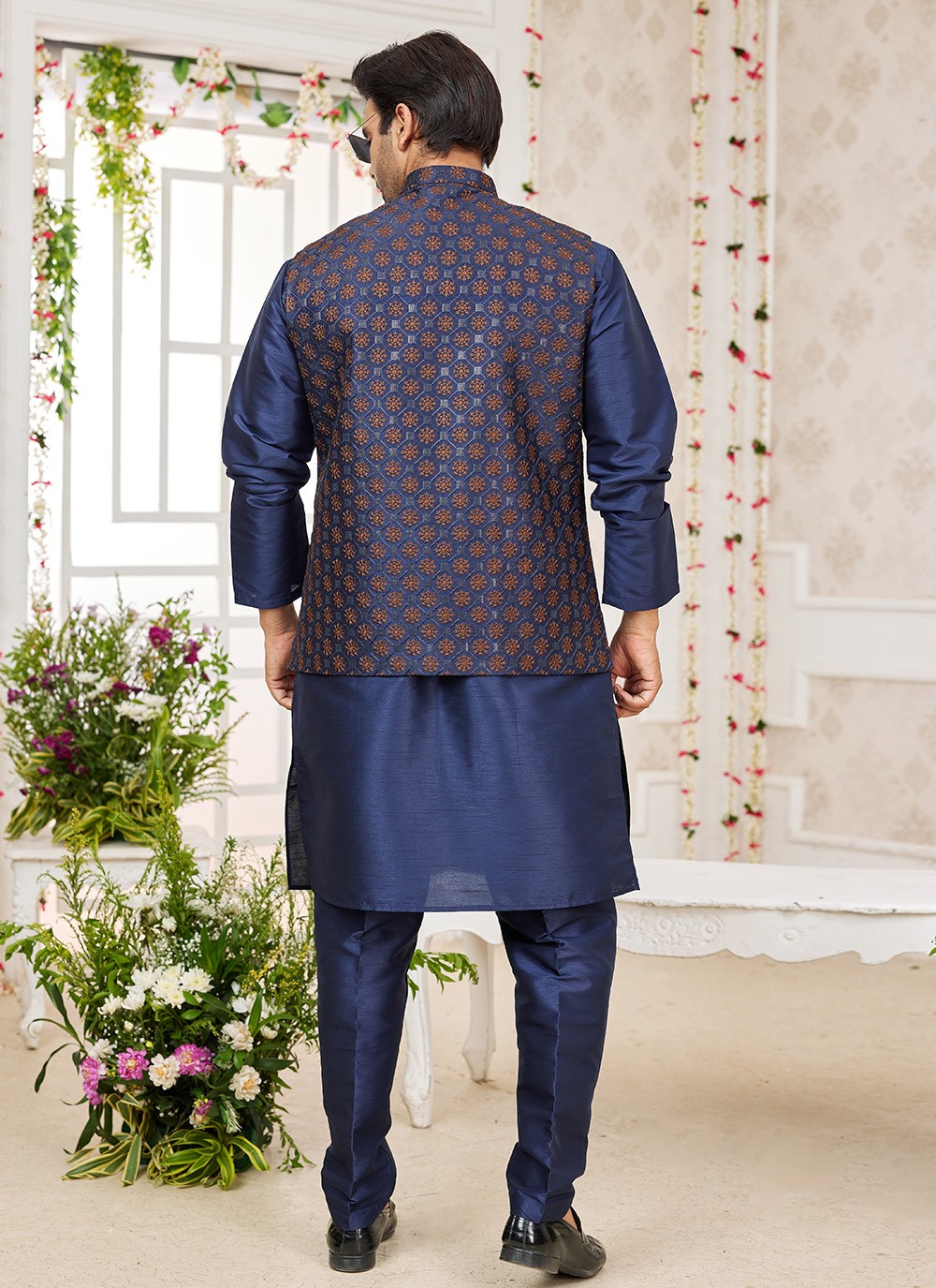 Machine Embroidery Banarasi Silk Blue Kurta Payjama With Jacket - M8755