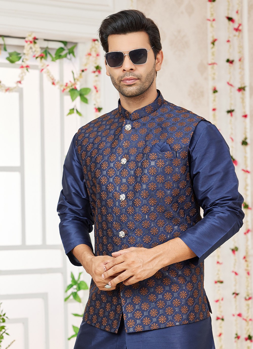 Machine Embroidery Banarasi Silk Blue Kurta Payjama With Jacket - M8755