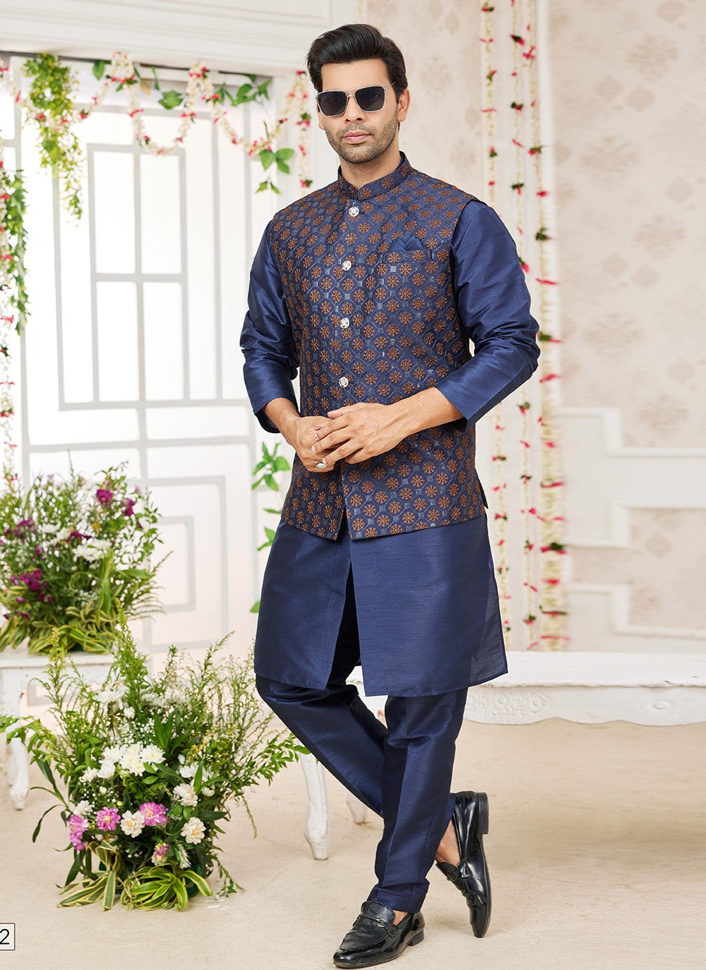 Machine Embroidery Banarasi Silk Blue Kurta Payjama With Jacket - M8755