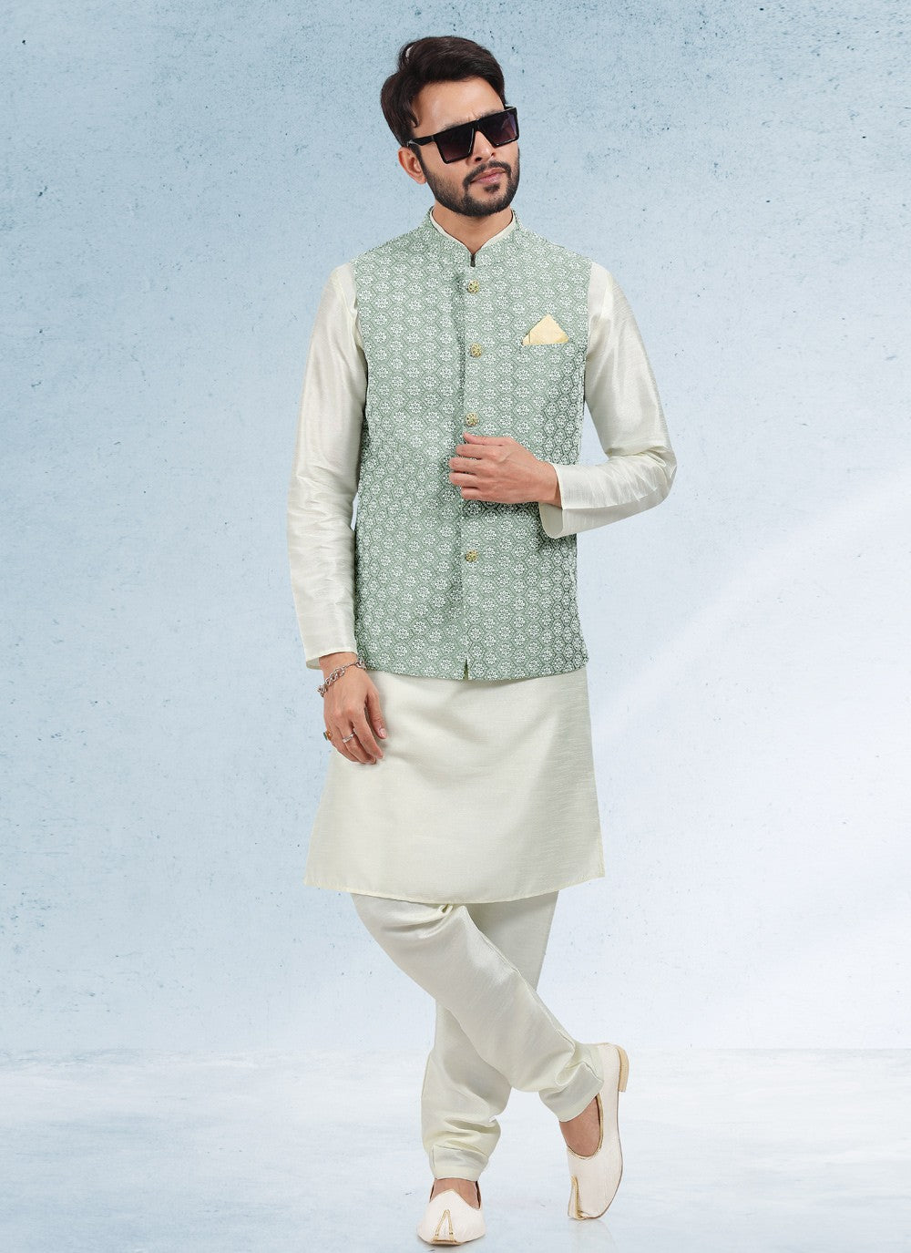 Thread Banarasi Silk Cream, Green Kurta Payjama With Jacket - M4613