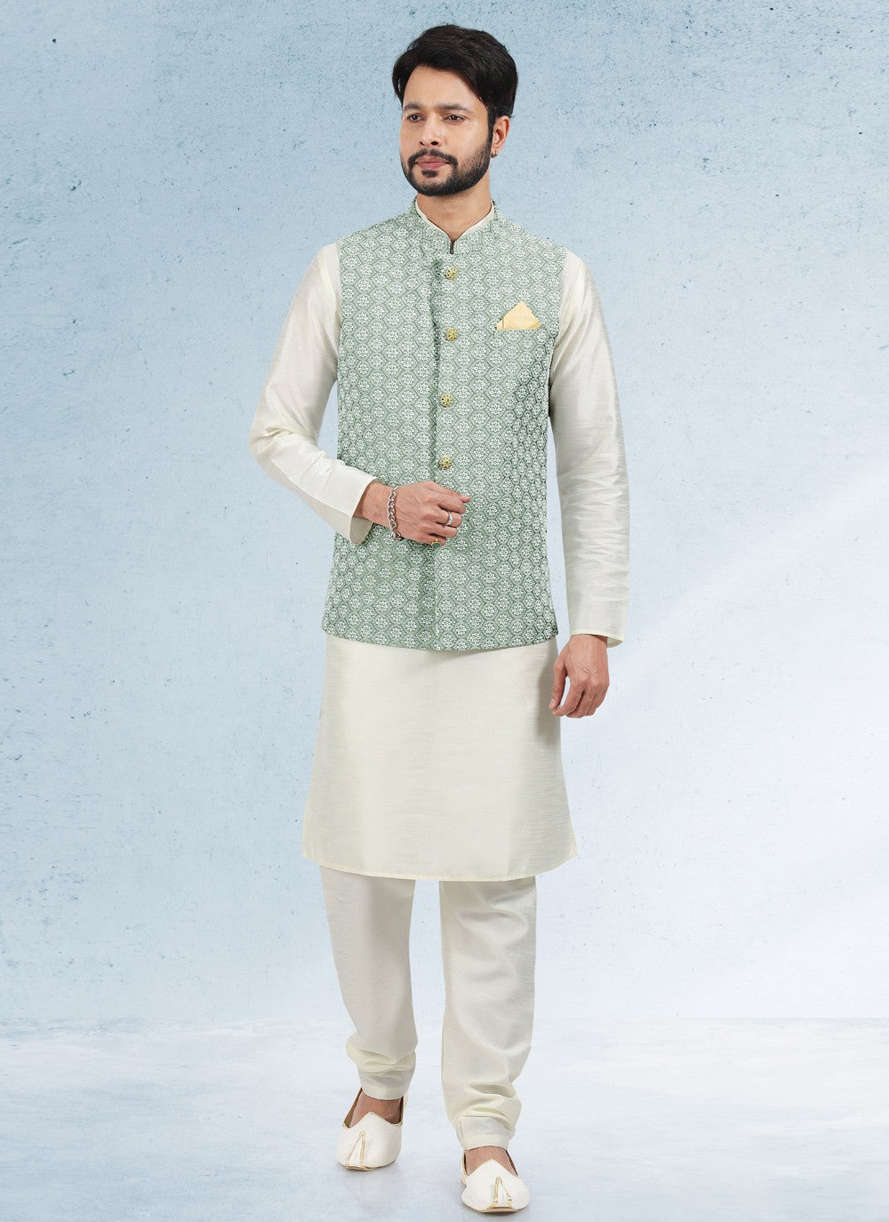 Thread Banarasi Silk Cream, Green Kurta Payjama With Jacket - M4613