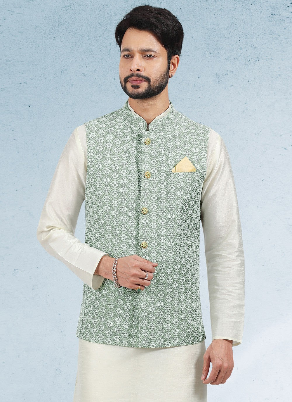 Thread Banarasi Silk Cream, Green Kurta Payjama With Jacket - M4613