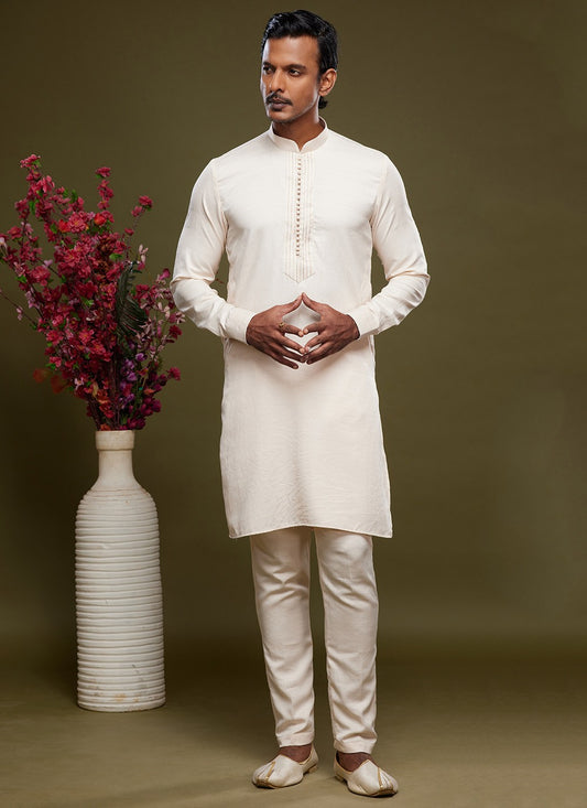 Thread Banarasi Silk Cream Kurta Pyjama - M6055