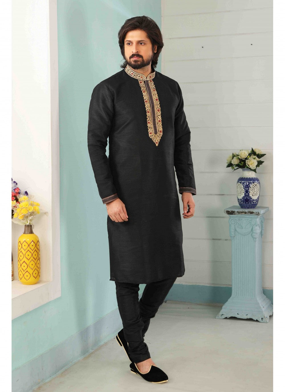 Embroidered Banarasi Silk Black Kurta Pyjama - M1796