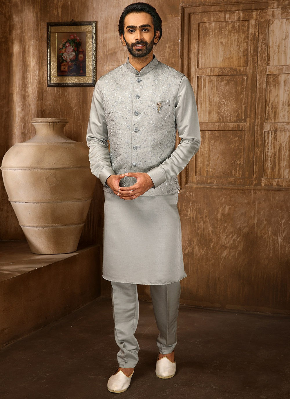 Embroidered Banarasi Silk Grey Kurta Payjama With Jacket - M4284