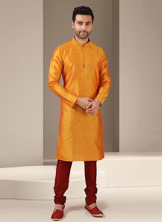 Embroidered Banarasi Silk Orange Kurta Pyjama - M3231