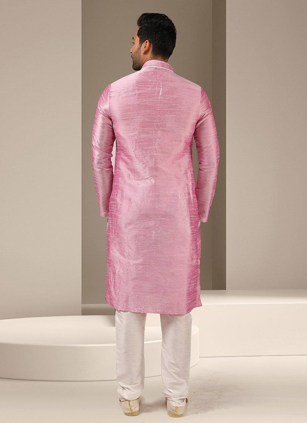 Embroidered Banarasi Silk Pink Kurta Pyjama - M3235