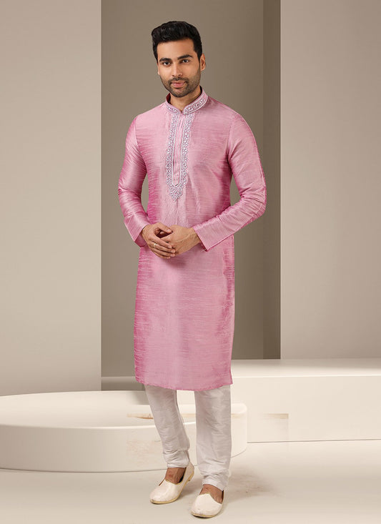 Embroidered Banarasi Silk Pink Kurta Pyjama - M3235