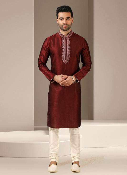 Embroidered Banarasi Silk Maroon Kurta Pyjama - M3247