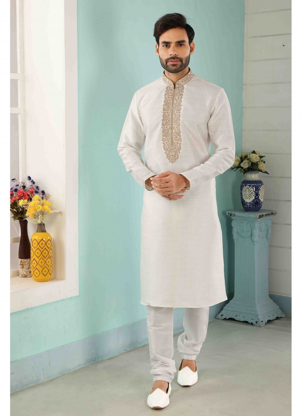 Embroidered Banarasi Silk Off White Kurta Pyjama - M1794