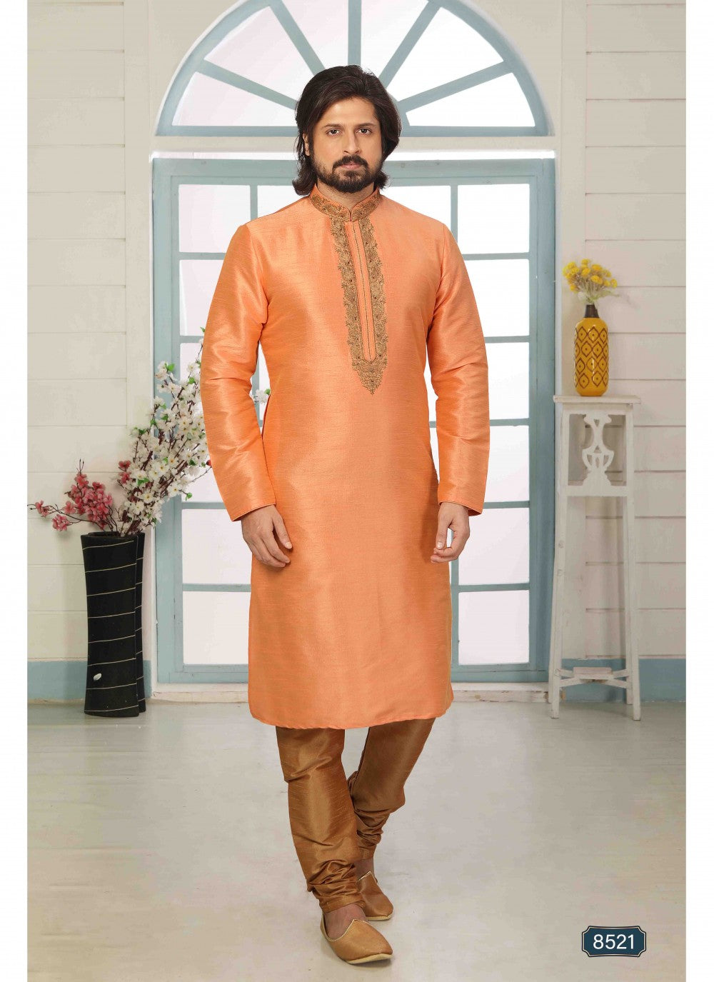 Embroidered Banarasi Silk Peach Kurta Pyjama - M1800