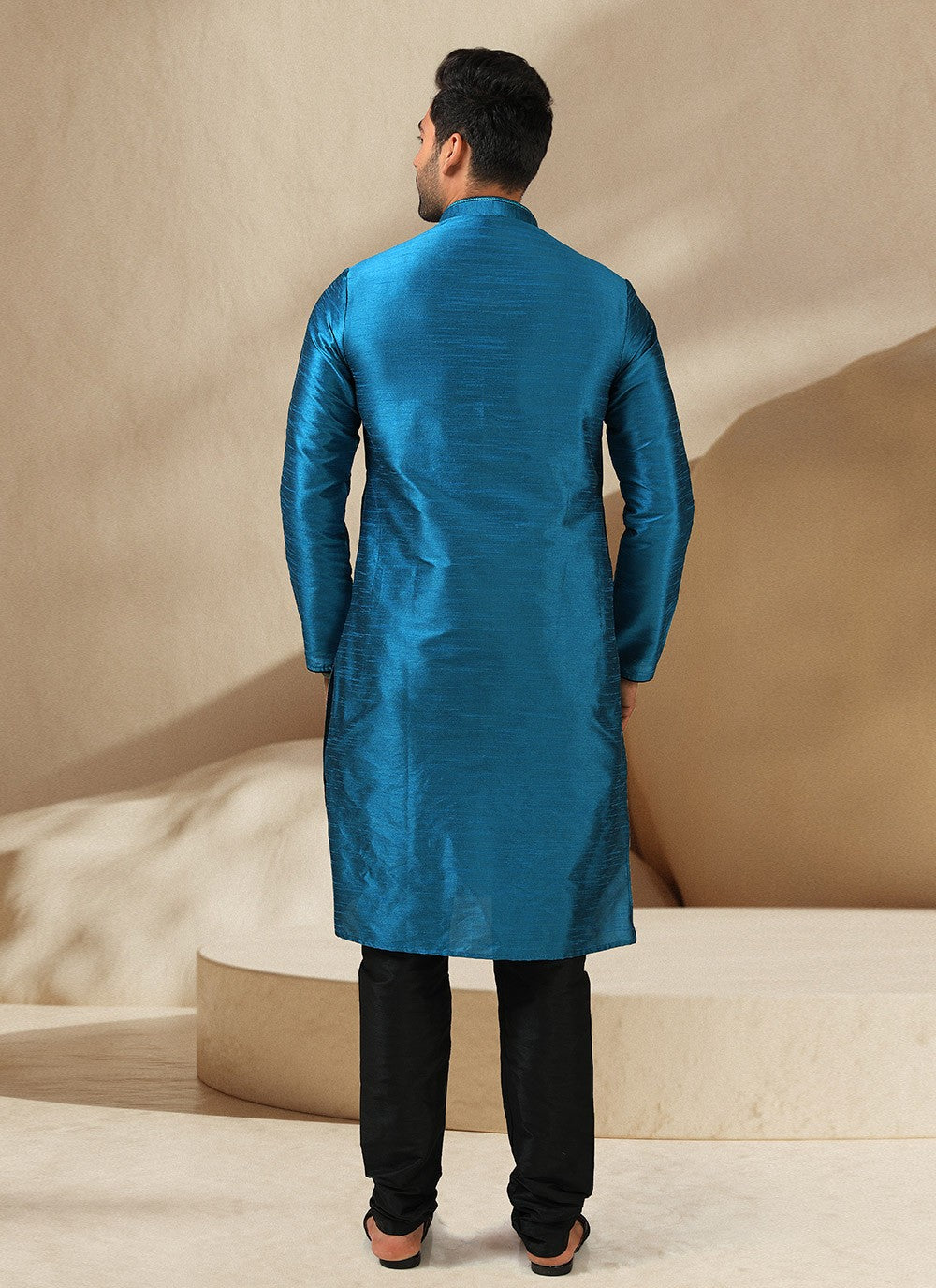 Embroidered Banarasi Silk Firozi Kurta Pyjama - M3241