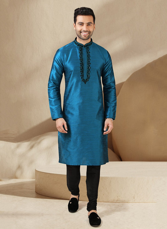 Embroidered Banarasi Silk Firozi Kurta Pyjama - M3241