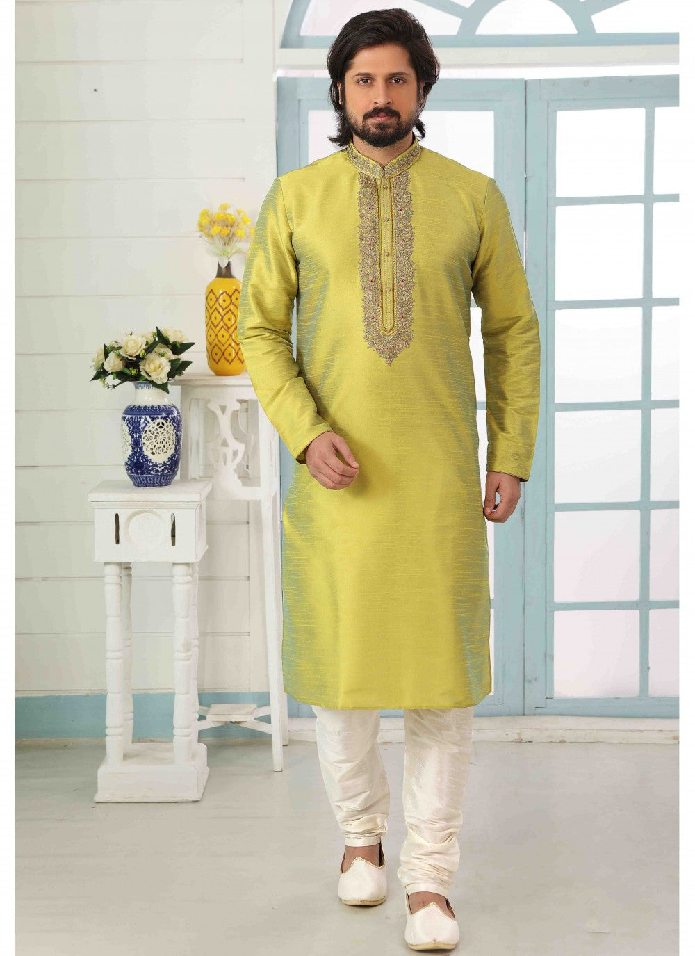 Embroidered Banarasi Silk Green Kurta Pyjama - M1814