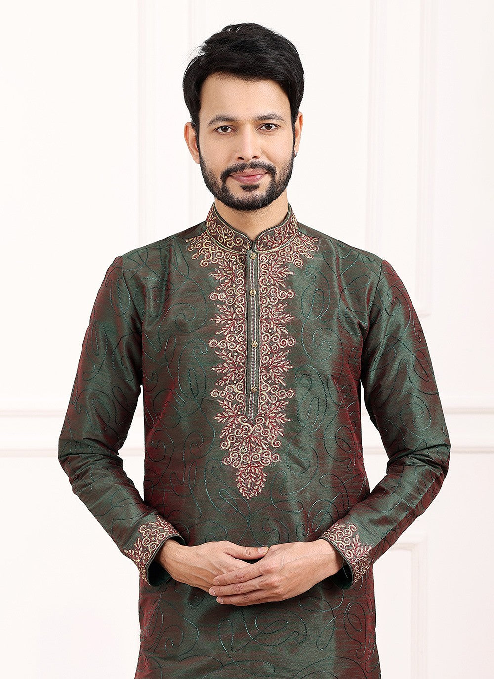 Thread Banarasi Silk Green Kurta Pyjama - M6131