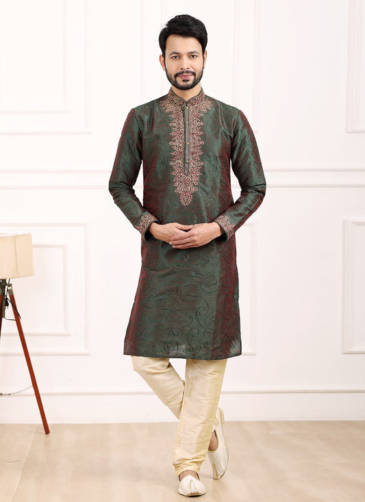 Thread Banarasi Silk Green Kurta Pyjama - M6131