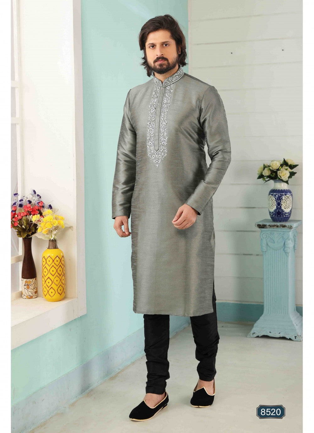 Embroidered Banarasi Silk Grey Kurta Pyjama - M1799