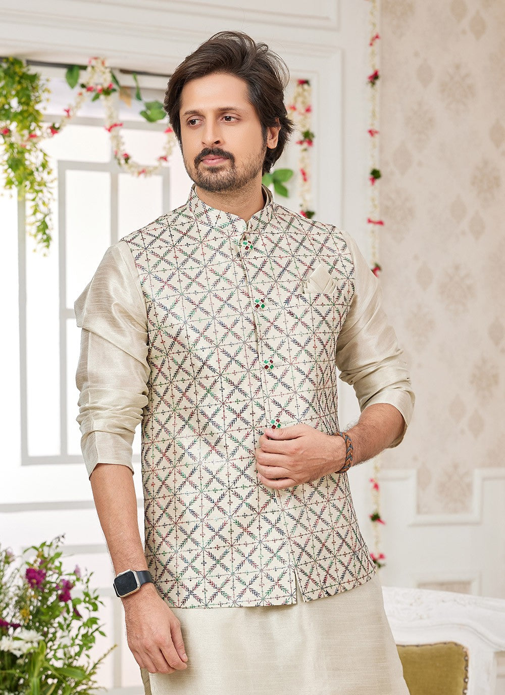 Machine Embroidery Banarasi Silk Green Kurta Payjama With Jacket - M8752