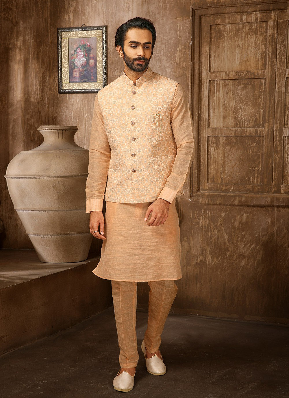 Embroidered Banarasi Silk Peach Kurta Payjama With Jacket - M4273