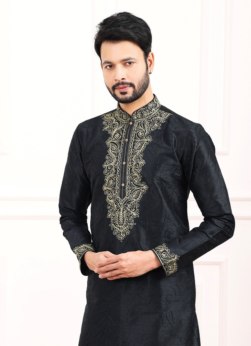 Thread Banarasi Silk Black Kurta Pyjama - M6137