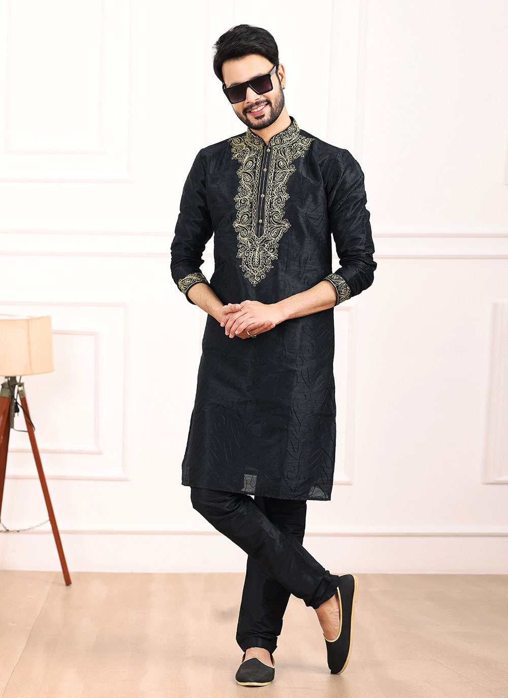 Thread Banarasi Silk Black Kurta Pyjama - M6137