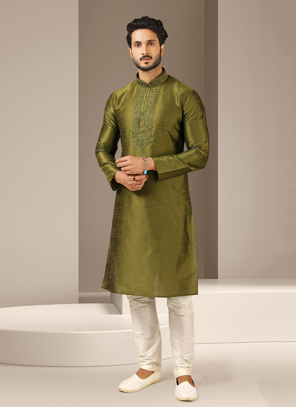 Embroidered Banarasi Silk Green Kurta Pyjama - M3225