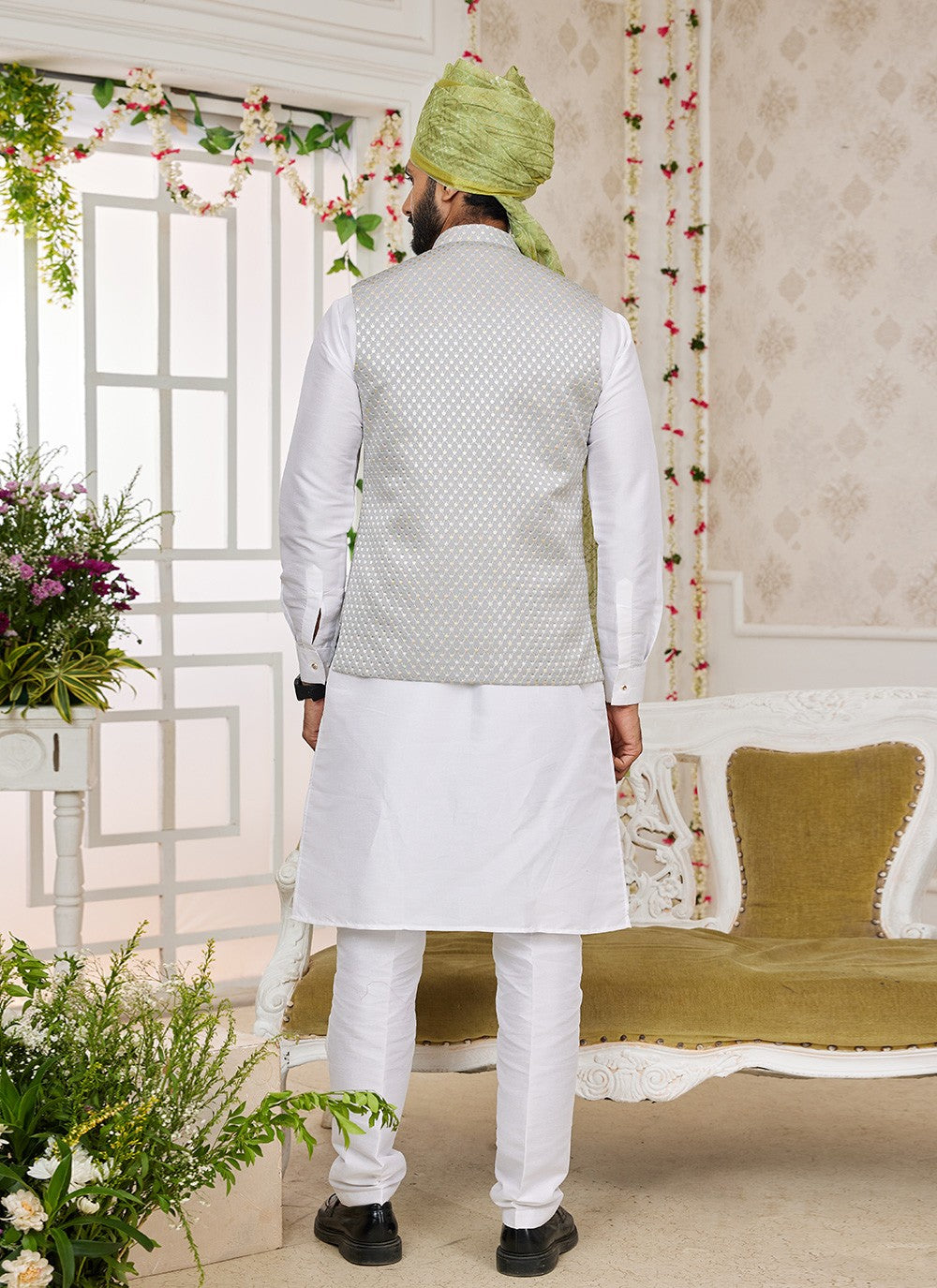 Machine Embroidery Banarasi Silk Grey, Off White Kurta Payjama With Jacket - M8751