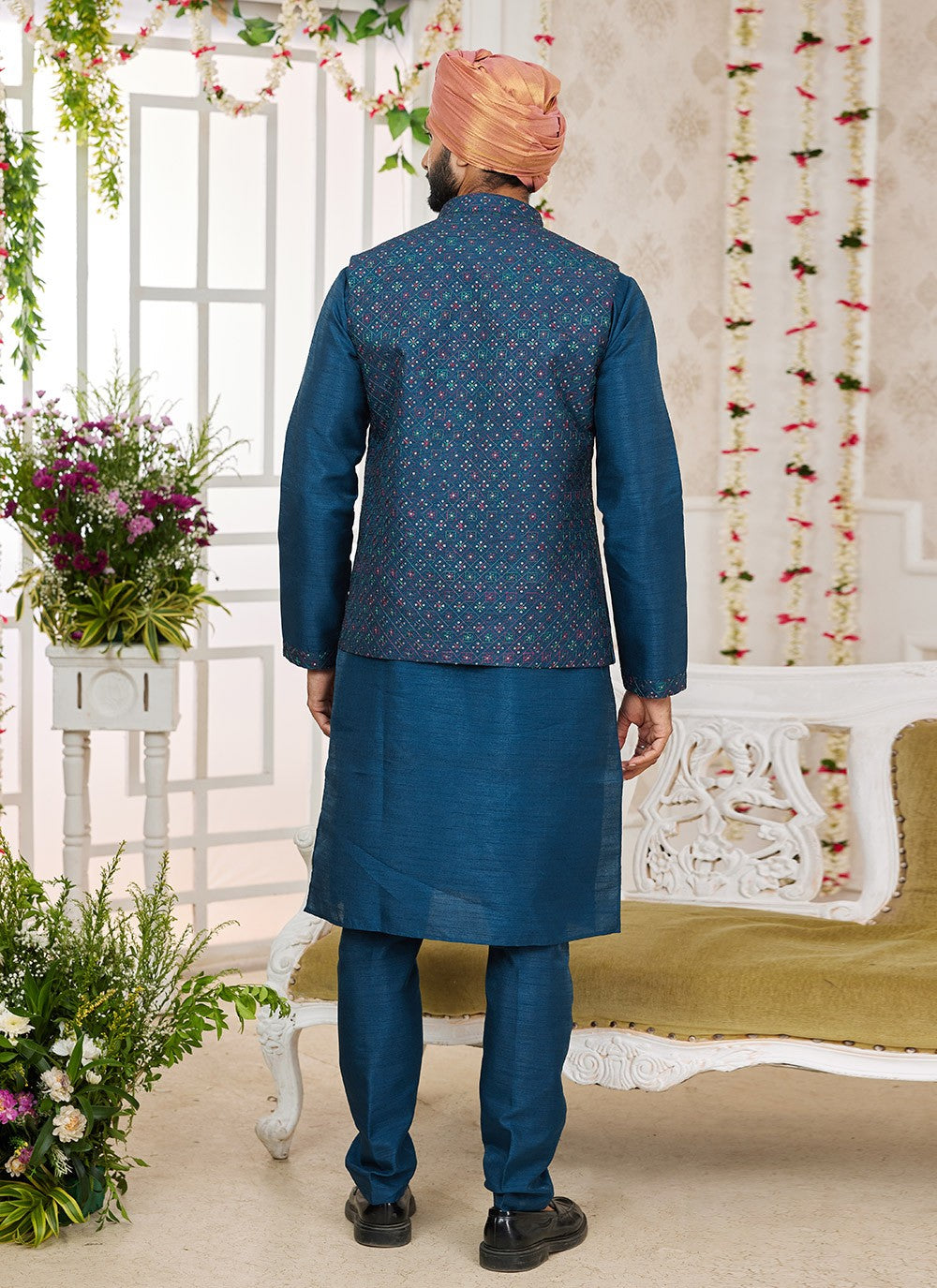 Machine Embroidery Banarasi Silk Blue Kurta Payjama With Jacket - M8749