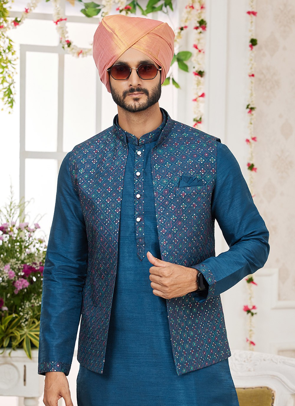 Machine Embroidery Banarasi Silk Blue Kurta Payjama With Jacket - M8749