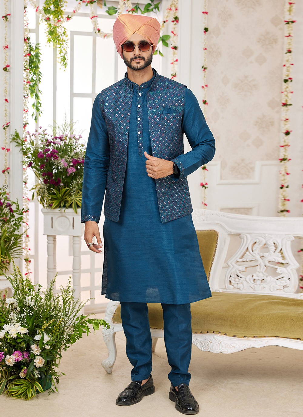 Machine Embroidery Banarasi Silk Blue Kurta Payjama With Jacket - M8749