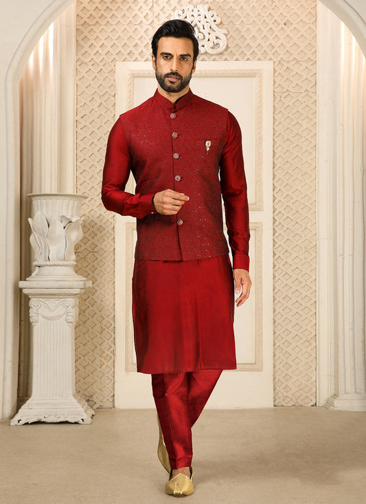 Embroidered Banarasi Silk Maroon Kurta Payjama With Jacket - M4258