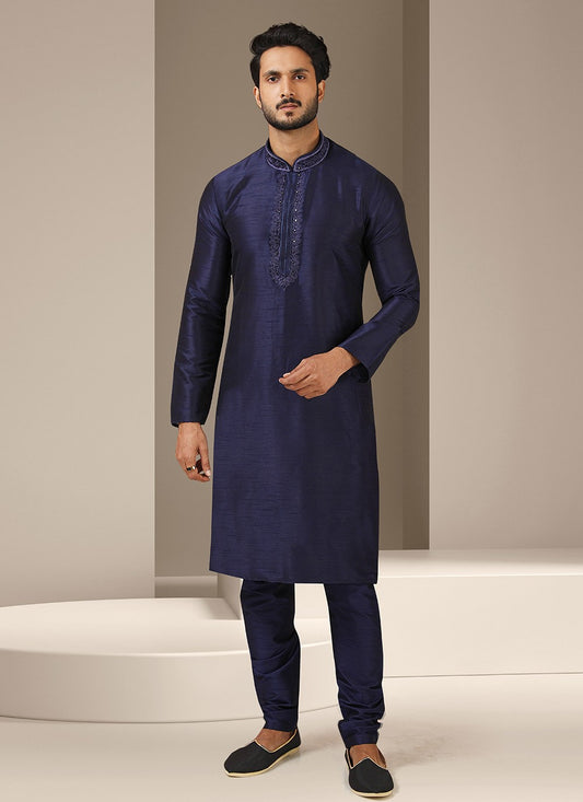 Embroidered Banarasi Silk Navy Blue Kurta Pyjama - M3239