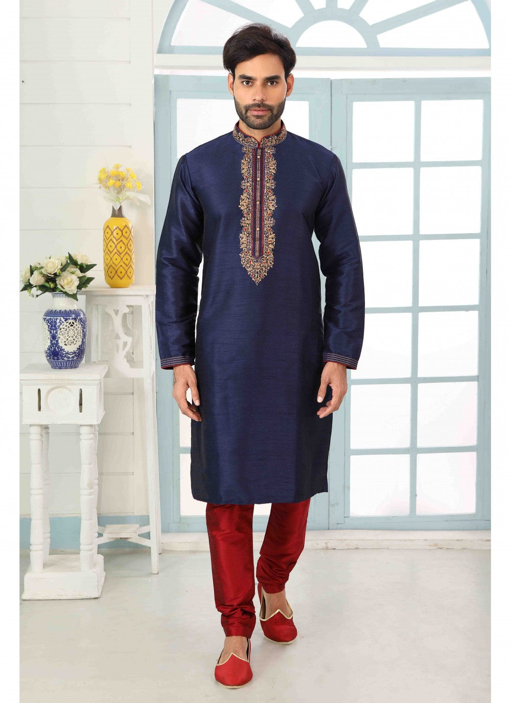 Embroidered Banarasi Silk Navy Blue Kurta Pyjama - M1803