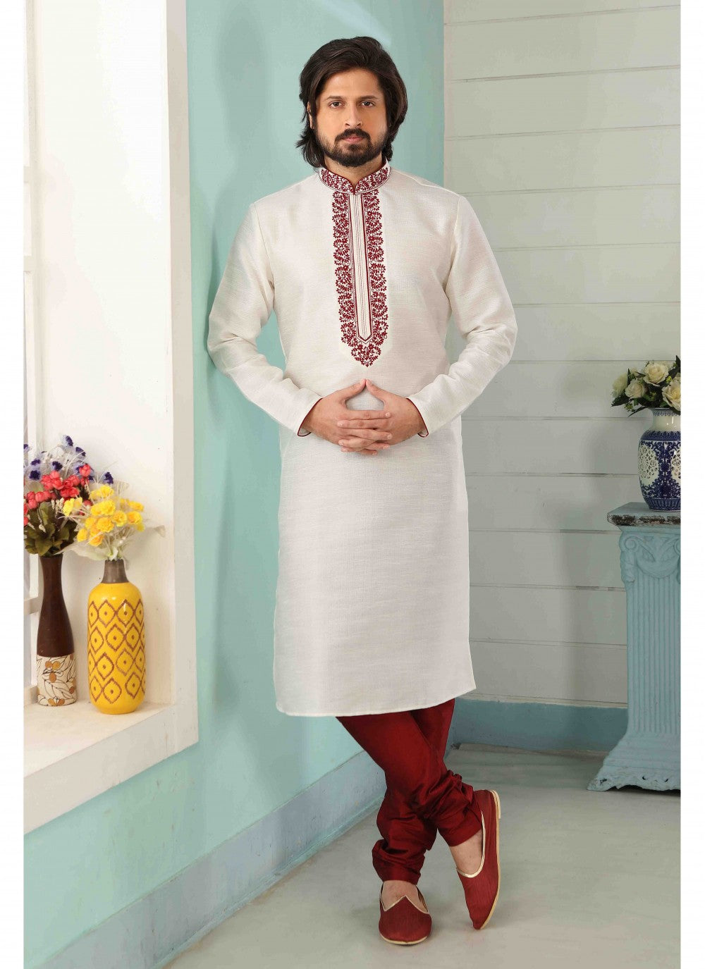 Embroidered Banarasi Silk Off White Kurta Pyjama - M1793