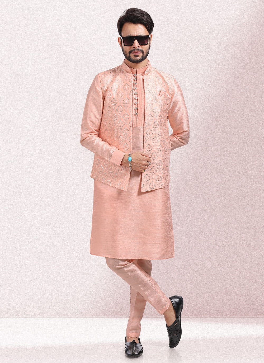 Embroidered Banarasi Silk Peach Kurta Payjama With Jacket - M5132