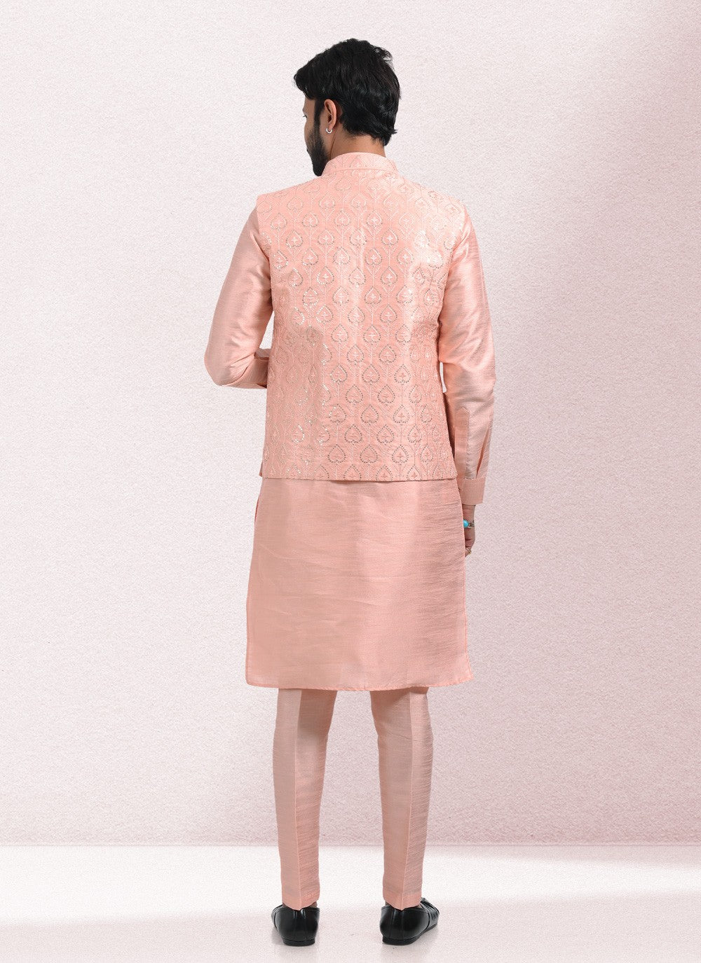 Embroidered Banarasi Silk Peach Kurta Payjama With Jacket - M5132