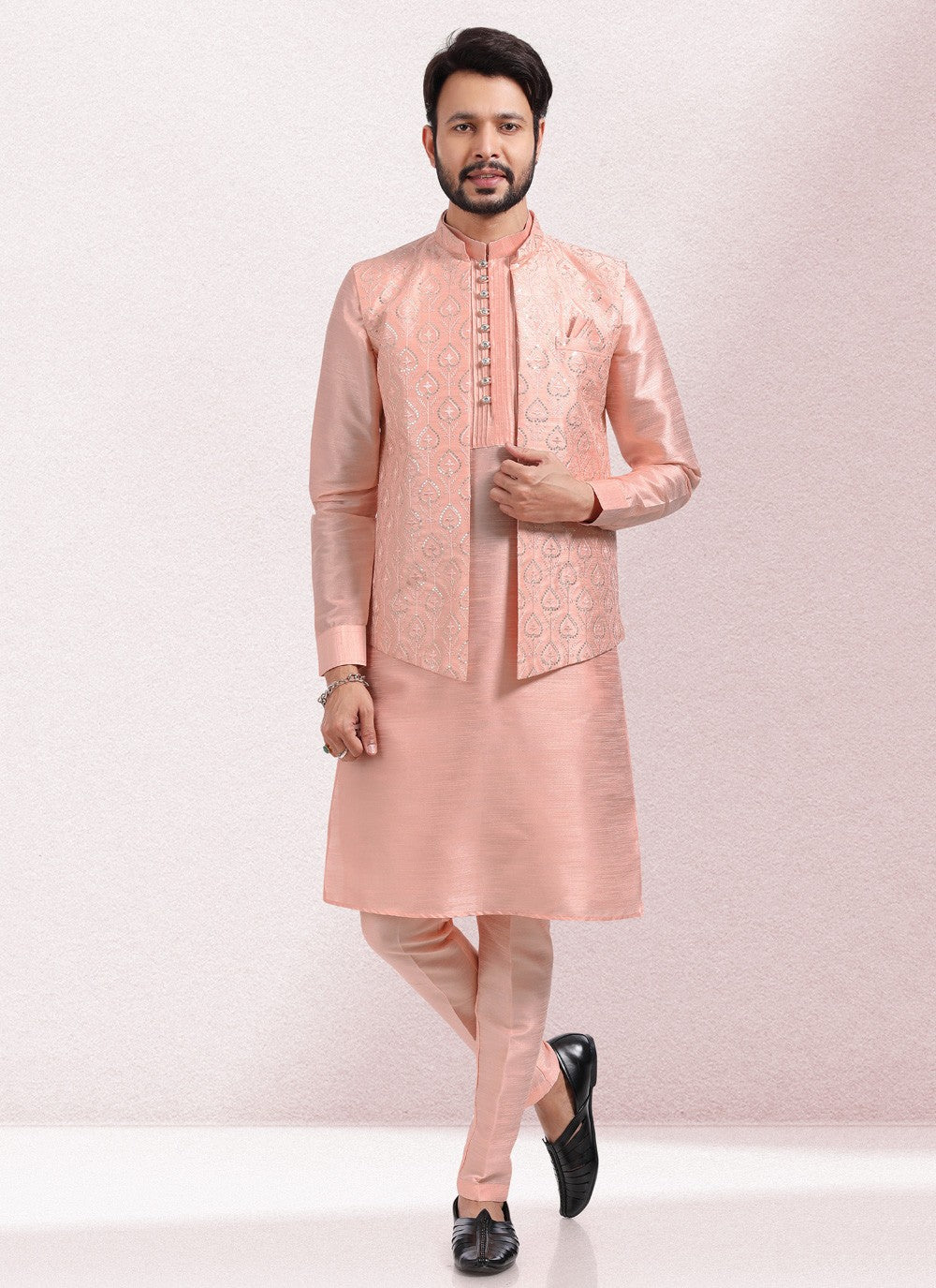 Embroidered Banarasi Silk Peach Kurta Payjama With Jacket - M5132