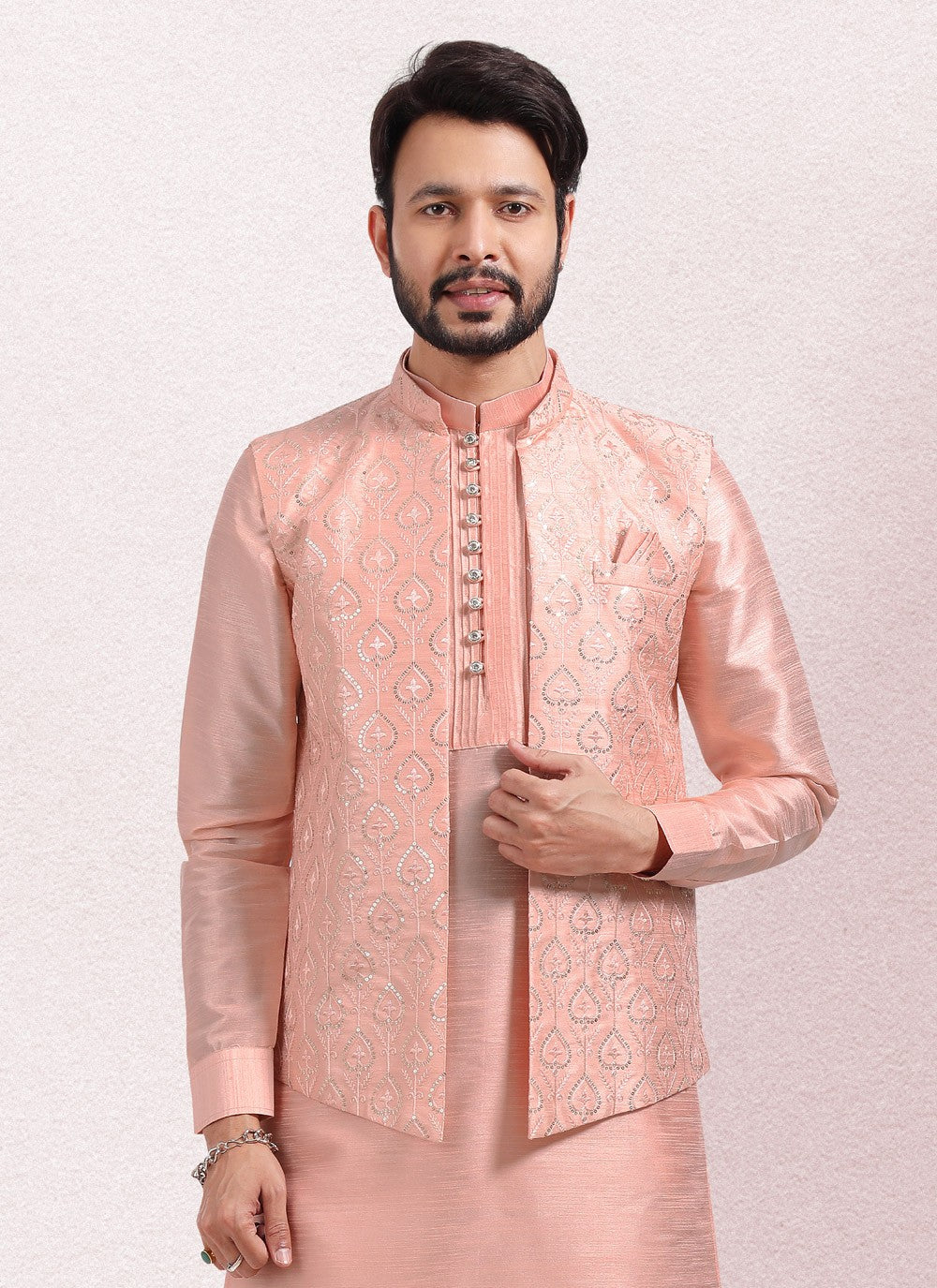 Embroidered Banarasi Silk Peach Kurta Payjama With Jacket - M5132