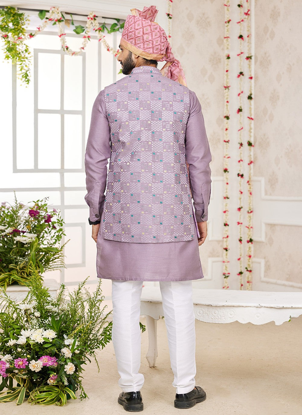 Machine Embroidery Banarasi Silk Pink Kurta Payjama With Jacket - M8744