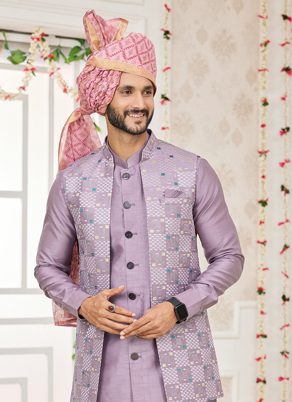 Machine Embroidery Banarasi Silk Pink Kurta Payjama With Jacket - M8744