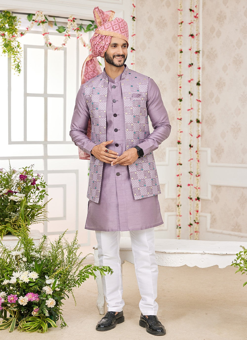 Machine Embroidery Banarasi Silk Pink Kurta Payjama With Jacket - M8744