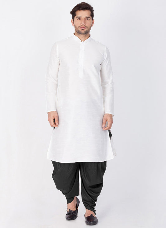 Plain Banarasi Silk White Dhoti Kurta - M1351